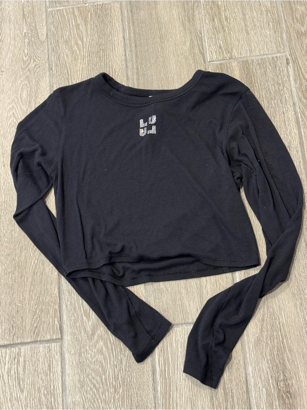 lululemon athletica Black Long-Sleeve Cropped Tee with Rhinestone Logo